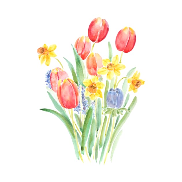 red tulips and yellow daffodils watercolor by colorandcolor