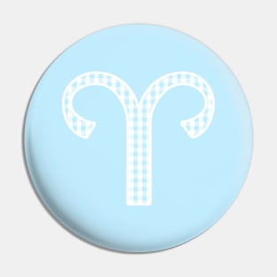 Aries Zodiac Horoscope Symbol in Pastel Blue and White Gingham Pattern Pin