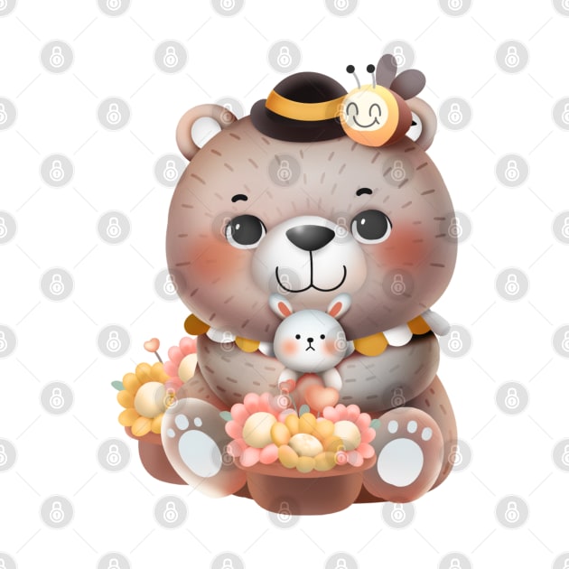 Cute Cartoon Bear with Flowers, Bunny and Bee Illustration by mumeaw