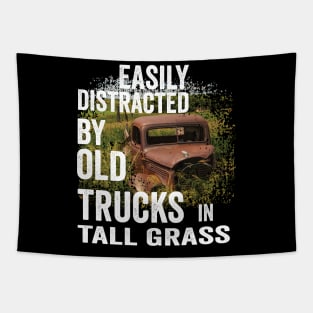 Vintage Retro: Easily Distracted by Old Trucks in Tall Grass Tapestry