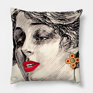 woman with golden earring and red lips Pillow