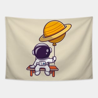 Cute Astronaut Sitting And Holding Planet Balloon Cartoon Tapestry