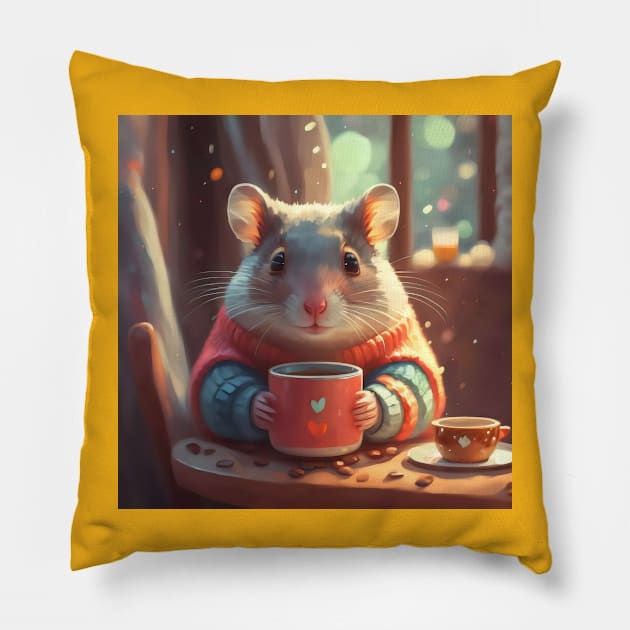 Cozy hamster having coffee in sweater Pillow by Spaceboyishere