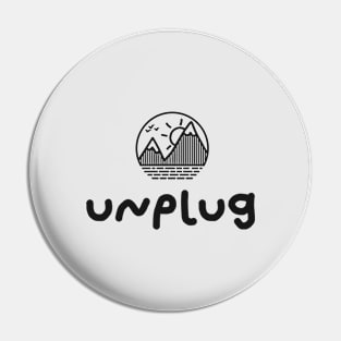 UNPLUG Minimalist Mountain Sunset Cirle Design With Birds Flying Over Pin