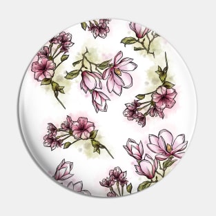 Pink Spring Flowers set, Art Nouveau flower pattern, nature, Magnolia and Cherry Blossom, Pastel, Watercolor style Pin