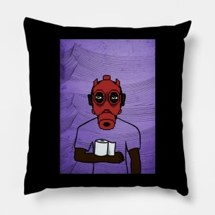 Pixelated Male Character with Green Eyes and Dark Skin Holding Toilet Paper on Waves Background Pillow