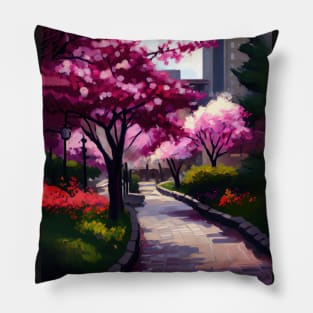 Sakura Serenade Tokyo Cherry Blossoms, Impressionist Landscape, Brick Path Park, Red Flowers, Oil Style Print Pillow