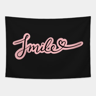 "Smile" cursive in black with pastel pink outline Tapestry