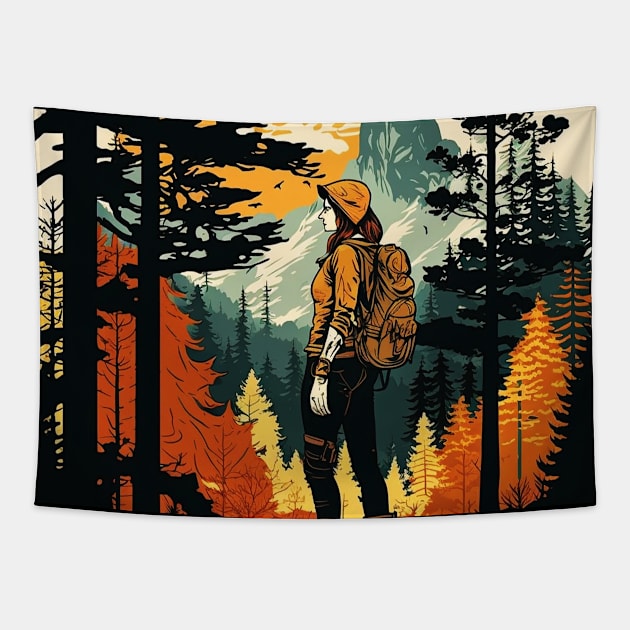 Woman Hiking in Forest Design, Adventure Mountain Tapestry by dukito