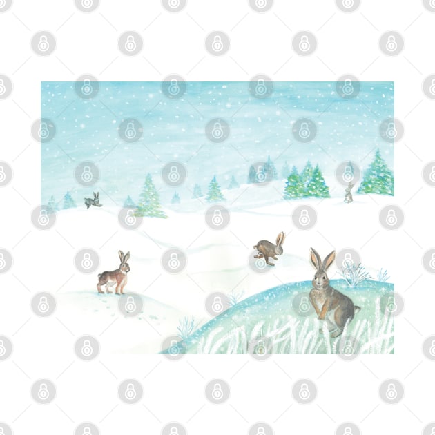 Wild rabbits in the snow in white winter by Julia Doria Illustration