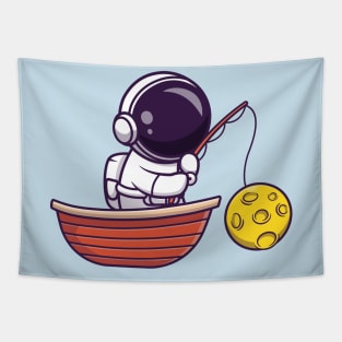 Astronaut Fishing Moon On Boat Cartoon Tapestry