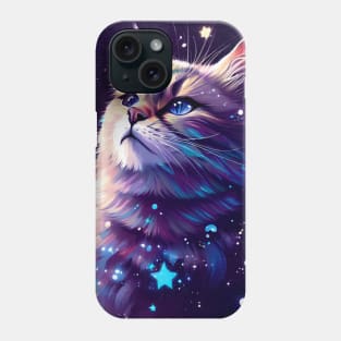 A majestic cat in outer space, surrounded by celestial bodies like stars, planets, and galaxies. Phone Case