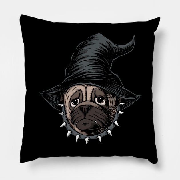 halloween pug dog wear hat witch illustration Pillow by affane