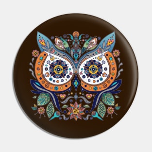 Mexican Style Owl Face Leaves Flowers Pin