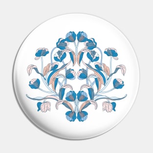 European Chinoiserie style tulips in line art. Blue and beige Pin