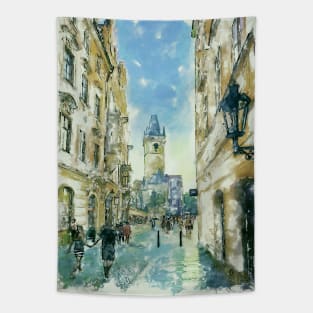 Side View of the Old Town City Hall Prague Watercolor Streetscape Tapestry