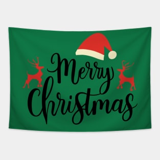 Merry Christmas typography design with reindeer and christmas hat Tapestry