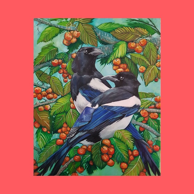 Magpie covid cherry tree birds by StephaniePerryArt