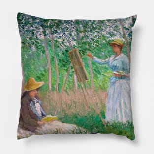 In the Woods at Giverny: Blanche Hoschede at Her Easel with Suzanne Hosched Reading by Claude Monet Pillow