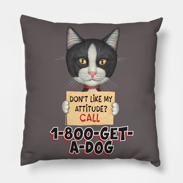 kitty cat black and white cute attitude with a dog Tuxedo Cat Holding Sign Pillow by Danny Gordon Art