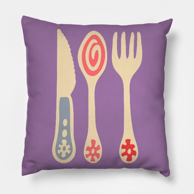 CUTLERY Retro Vintage Kitchen Utensils Knife Spoon Fork in Purple Pink and Red - UnBlink Studio by Jackie Tahara Pillow by UnBlink Studio by Jackie Tahara