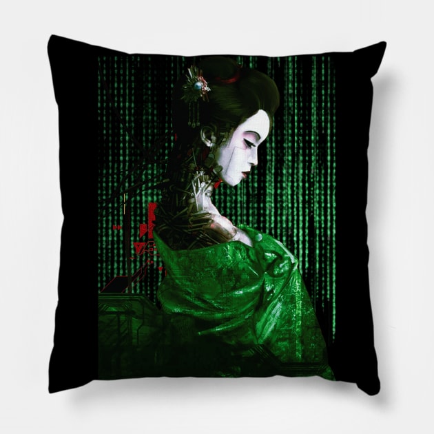 Cyborg Geisha Binary Code Matrix Pillow by OWLvision33