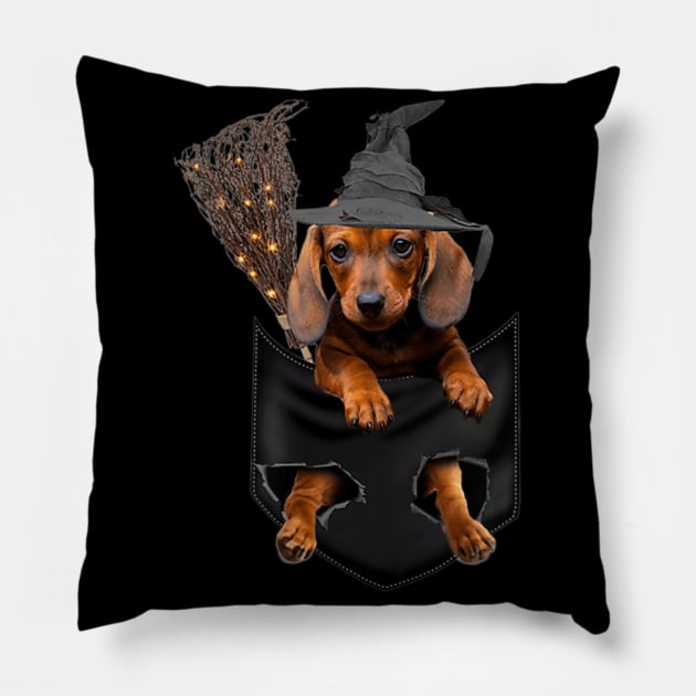 Dachshund halloween pocket t shirt Funny dachshund inside Pillow by adrinalanmaji