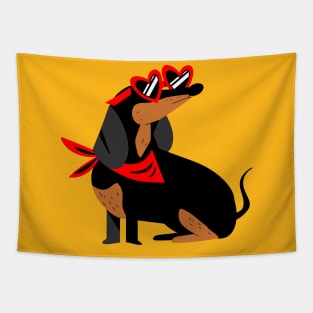 illustrated dachshund dog with heart glasses Tapestry