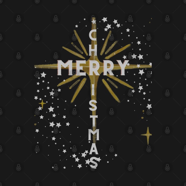 Merry Christmas Cross and Star Silver Letters on Black by Ric1926