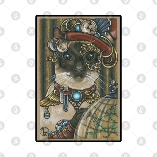 Steampunk Cat Traveler - Siamese Cat - Black Outlined Version by Nat Ewert Art