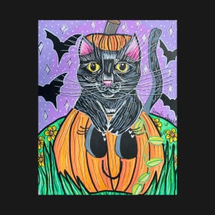 Black Cat in Pumpkin T-Shirt