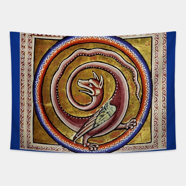 MEDIEVAL BESTIARY, SNAKE DRAGON CIRCLES Tapestry by BulganLumini