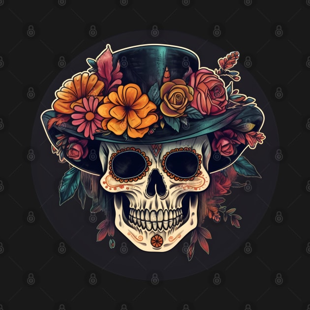 Floral Sugar Skull wearing Hat / Calavera de Azúcar by ObscureDesigns