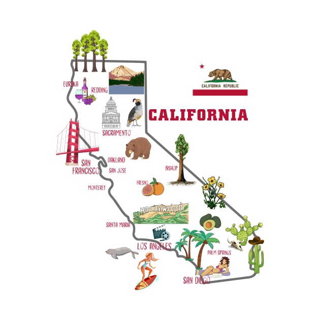 california tourist map with landmarks and famous symbols, USA, United states by Mashmosh