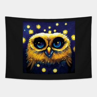 Fluffy Baby Owl in the Night Sky Tapestry