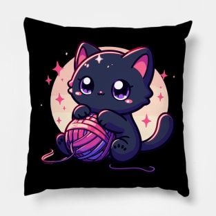 Cat and knitting kawaii cat with yarn ball Pillow