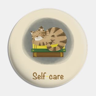 Self-care cat sleeping on books Pin