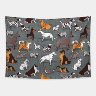 Origami doggie friends II // pattern // grey green linen texture background paper dogs Tapestry