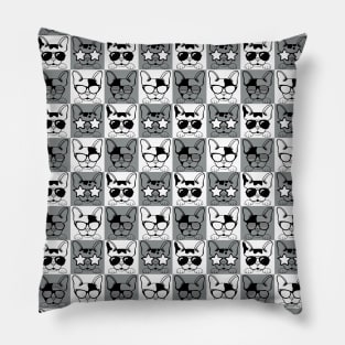 Frenchies with Glasses Pattern Black and White Pillow