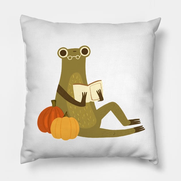 Cute frog reading a book Pumpkin version Pillow by mikhaleeevich