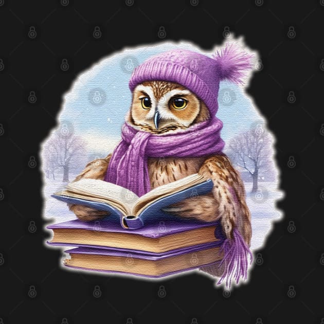 Cute owl Read A Book wearing a  purple hat and scarf by JnS Merch Store