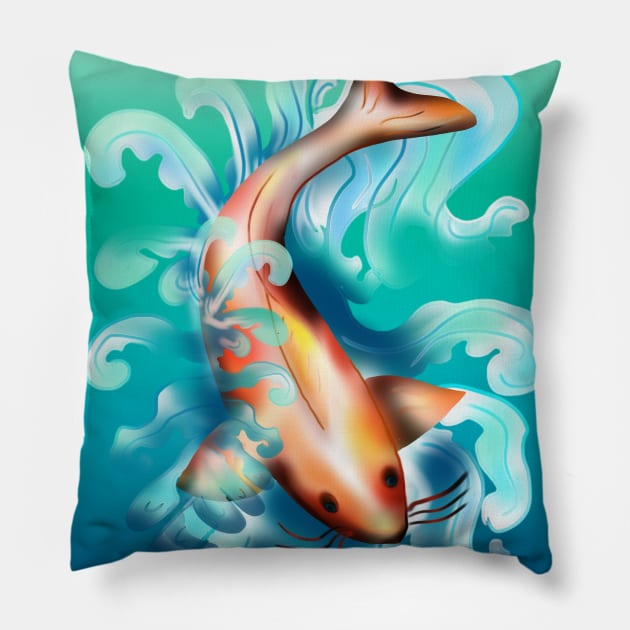 Koi carp with aqua waves Pillow by cuisinecat