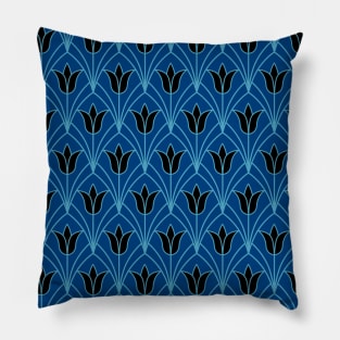 Art Deco Black Tulips on Blue Pillow