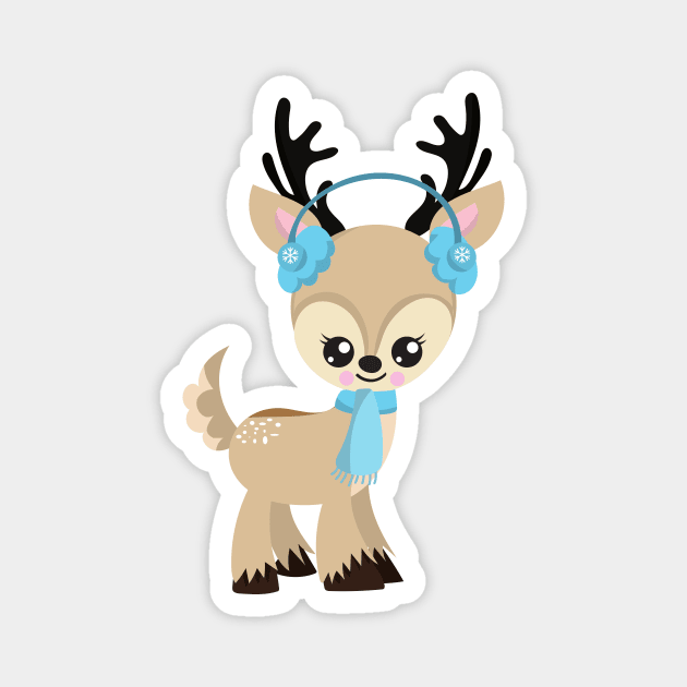 Christmas Reindeer, Cute Reindeer, Blue Scarf Magnet by Jelena Dunčević