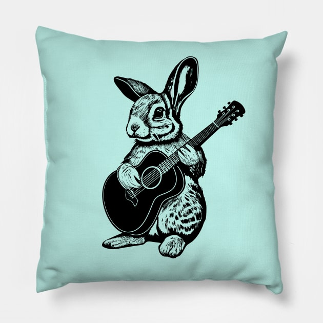 Bunny Playing Acoustic Guitar Easter Rabbit Pillow by Apocatnipse Meow