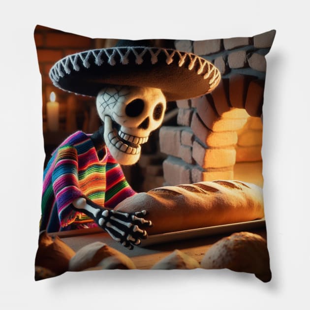 Mexican skeleton baking bread Pillow by Dr Popet Lab