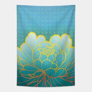 turquoise peony flower and sayagata pattern Tapestry