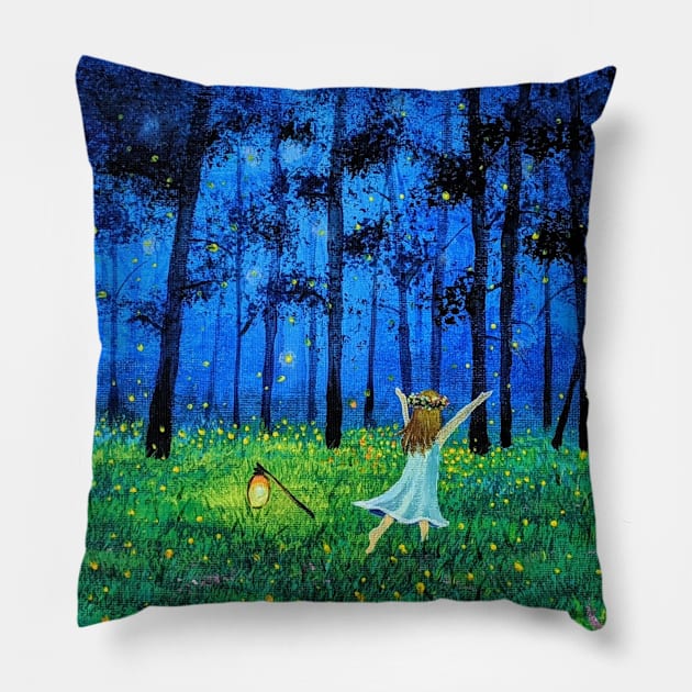 Fireflies in forest and a little girl Pillow by Starlight Tales