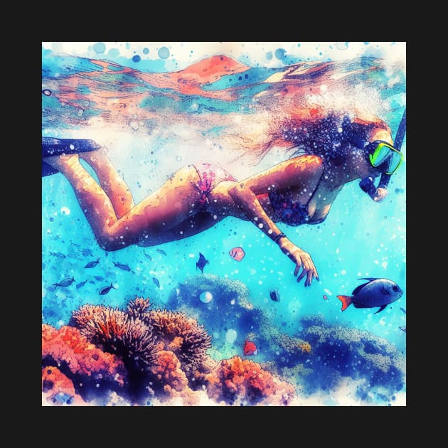 Artistic illustration of snorkeler in tropical waters by WelshDesigns