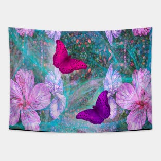 Fabulous pink hibiscus and vibrant butterflies Tapestry